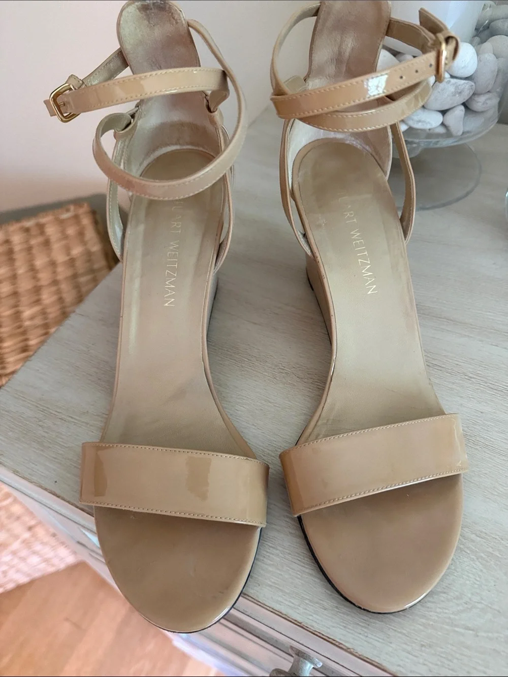 Stuart Weitzman Patent Leather Nude/Tan Ankle-Strap Wedge Sandals